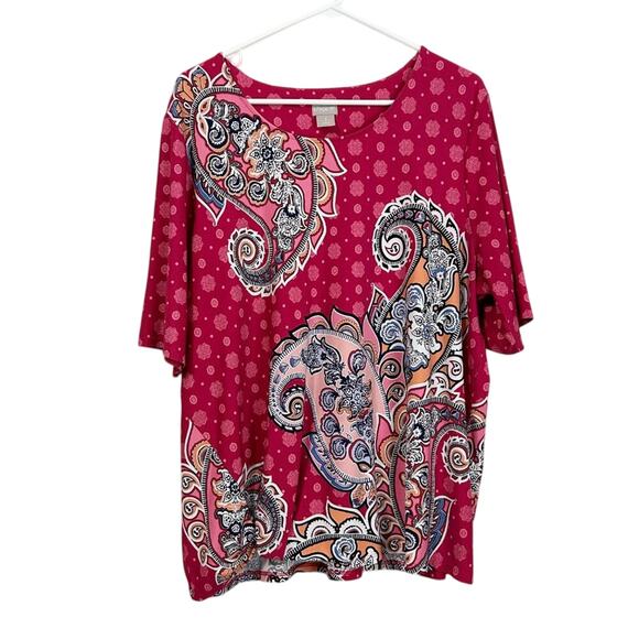 Chicos Paisley Twist Tee Women Size 3 XL Pink Berry Scoop Neck Stretchy - Picture 1 of 9